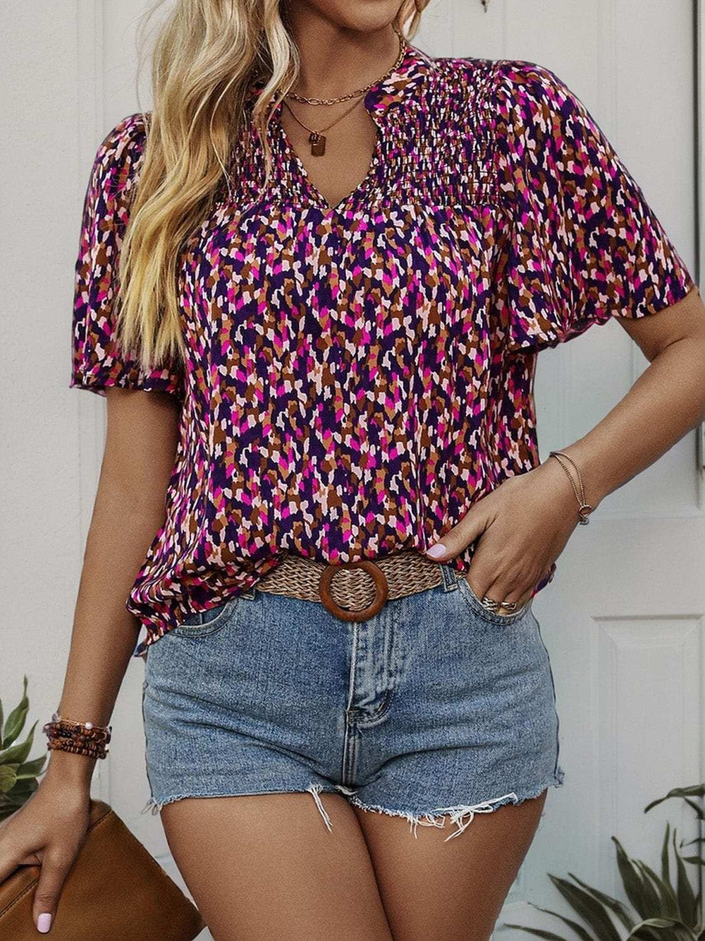 Printed Notched Flutter Sleeve Blouse - Trendsi - Flyclothing LLC