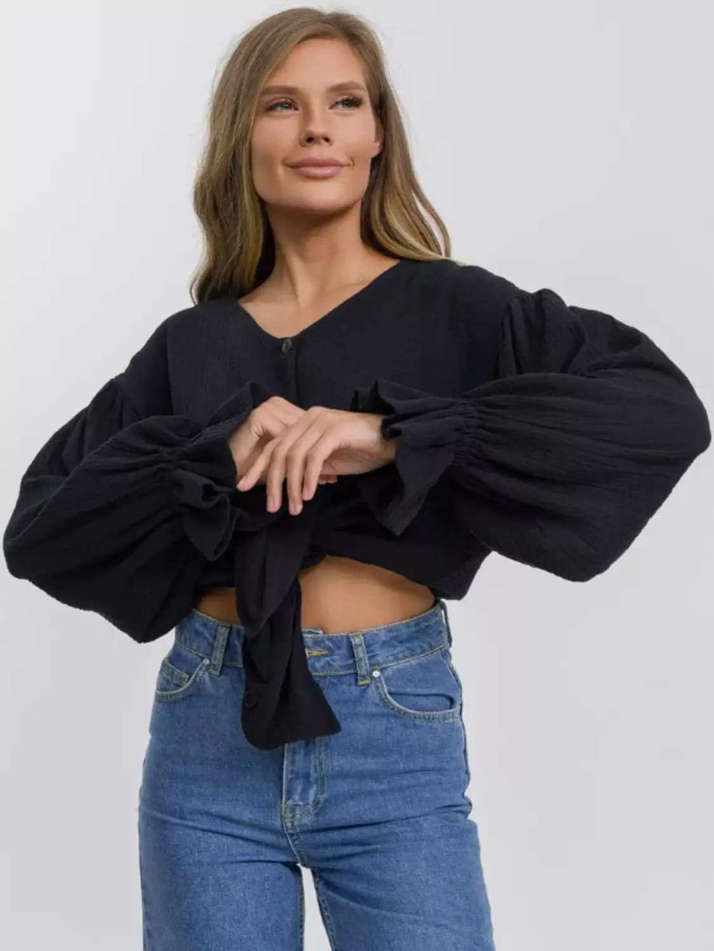 Button Up Flounce Sleeve Shirt - Trendsi - Flyclothing LLC