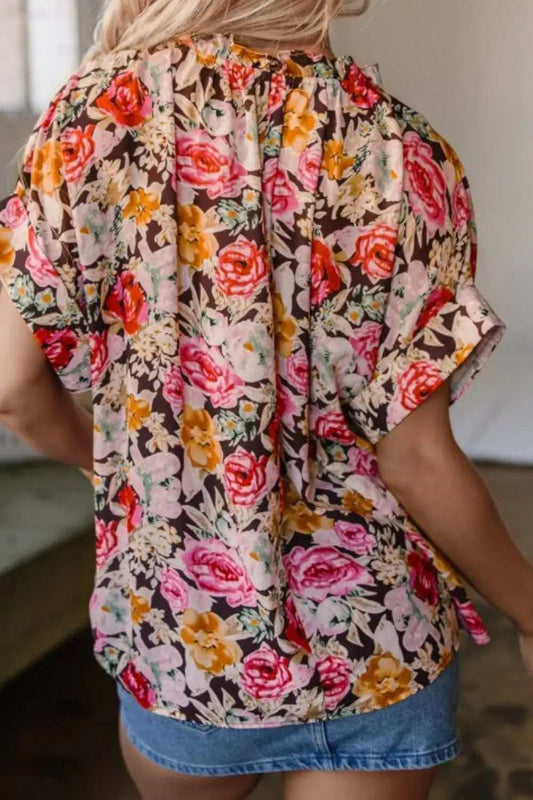 Floral Tie Neck Short Sleeve Blouse - Trendsi - Flyclothing LLC