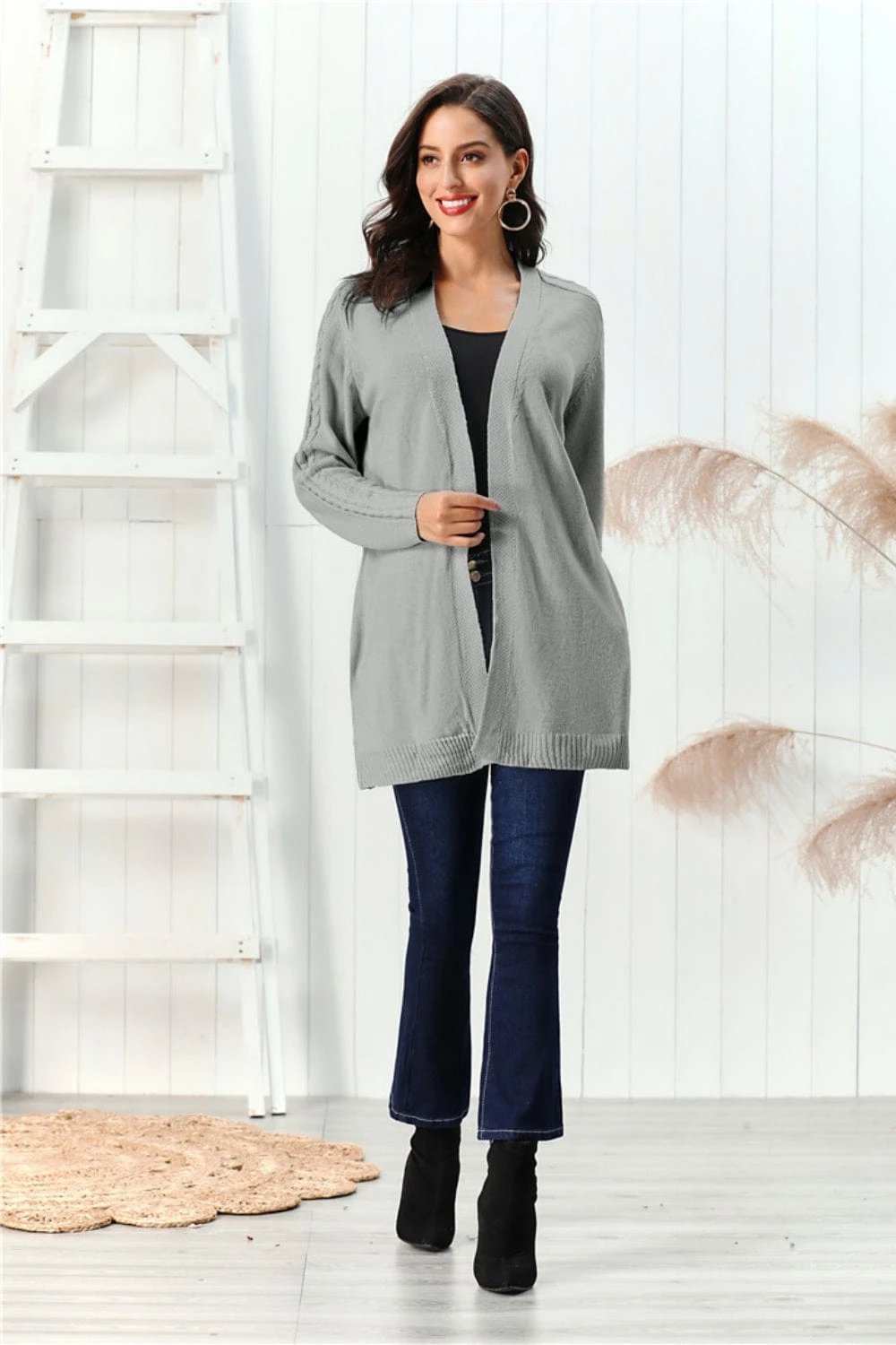 Cable-Knit Open Front Long Sleeve Cardigan - Trendsi - Flyclothing LLC