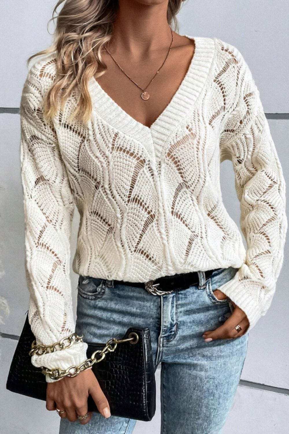 Openwork V-Neck Long Sleeve Sweater - Trendsi - Flyclothing LLC