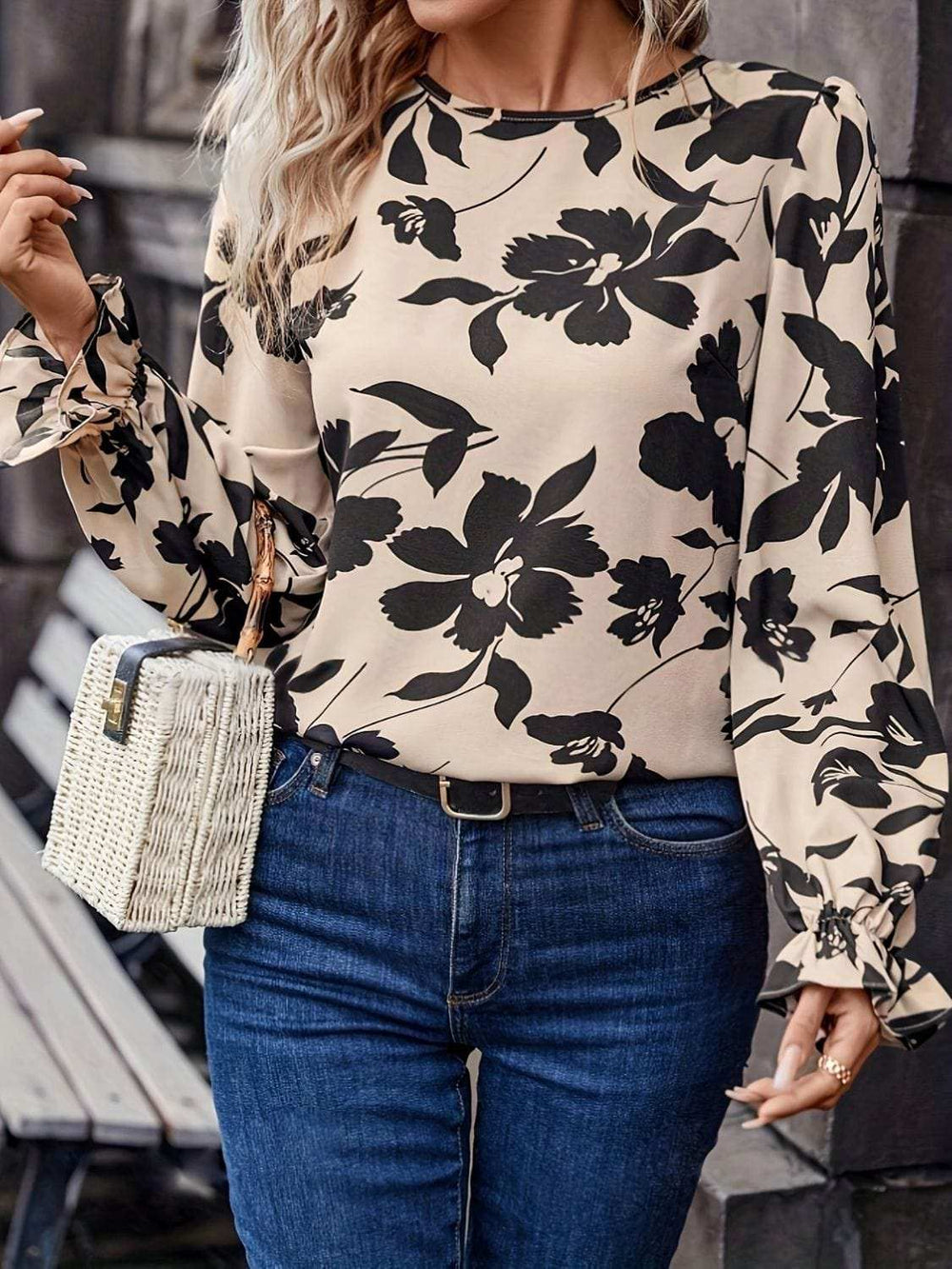 Bow Back Printed Round Neck Flounce Sleeve Blouse - Trendsi - Flyclothing LLC