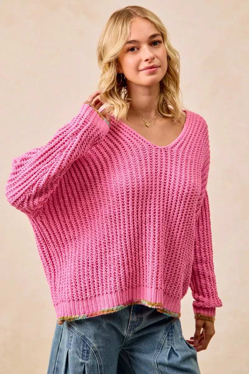 BiBi V-Neck Sweater with Colorful Trim - Trendsi - Flyclothing LLC