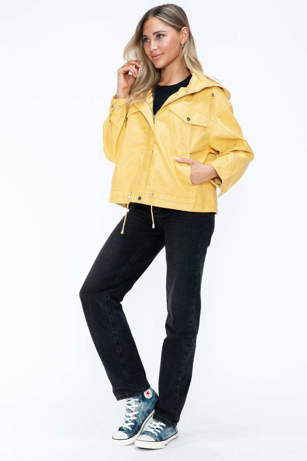 How Dare U Drawstring Hem PU Leather Zip Up Jacket - Trendsi - Flyclothing LLC