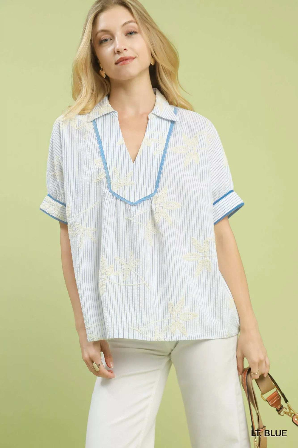 Umgee Striped Embroidered Blouse with Scallop Trim - Trendsi - Flyclothing LLC