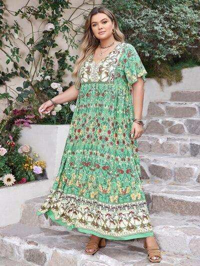 Plus Size Floral Tie Neck Flutter Sleeve Maxi Dress - Trendsi - Flyclothing LLC