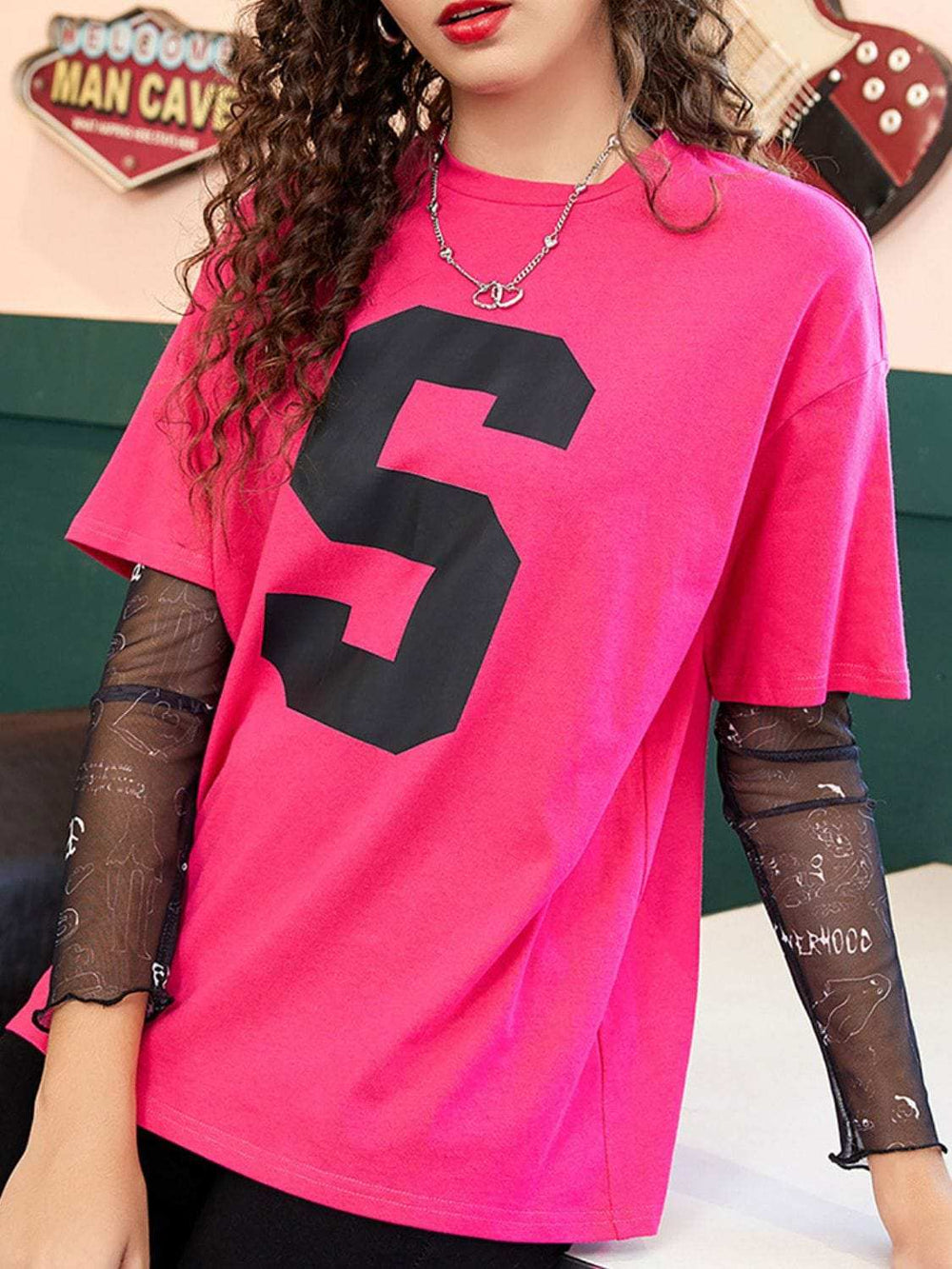 Letter Graphic Round Neck Half Sleeve T-Shirt - Trendsi - Flyclothing LLC