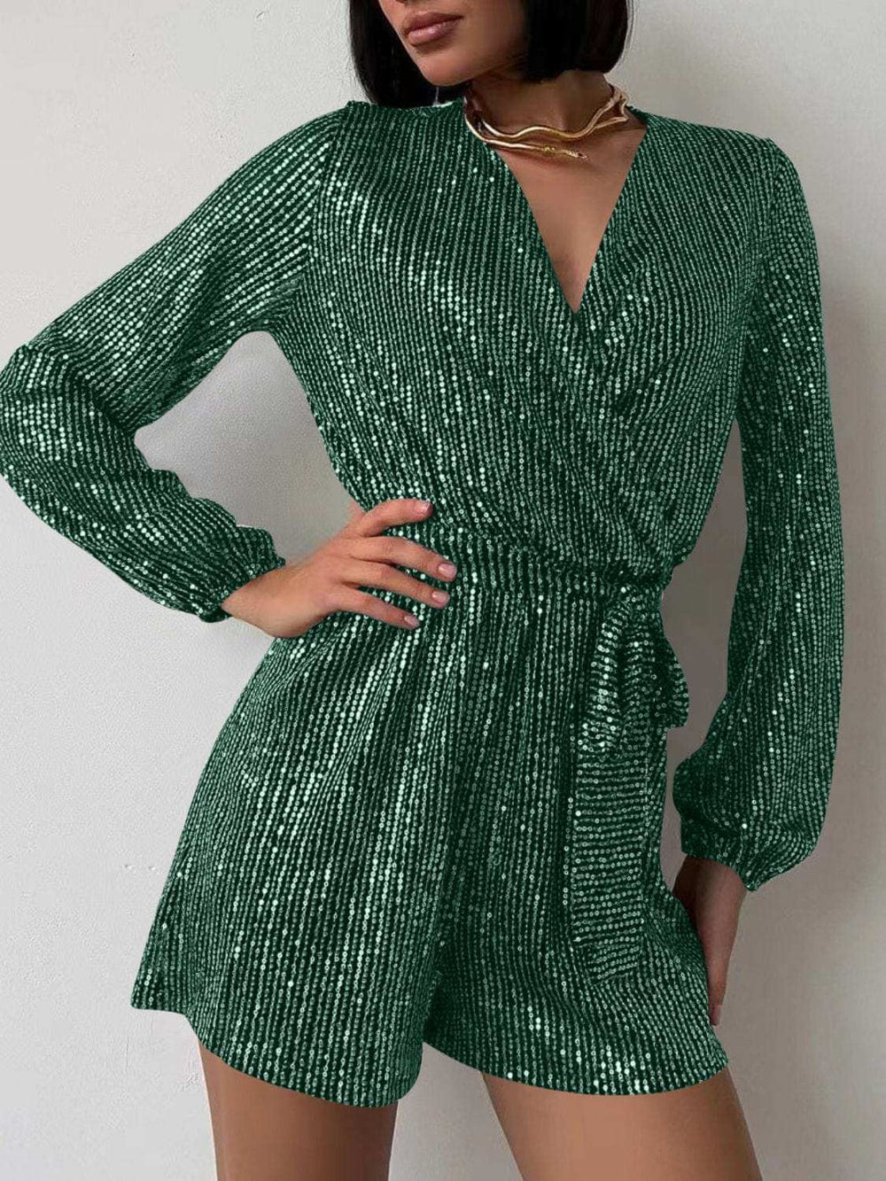 Full Size Sequin Surplice Tie Waist Long Sleeve Romper - Trendsi - Flyclothing LLC