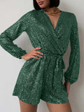 Full Size Sequin Surplice Tie Waist Long Sleeve Romper - Trendsi - Flyclothing LLC