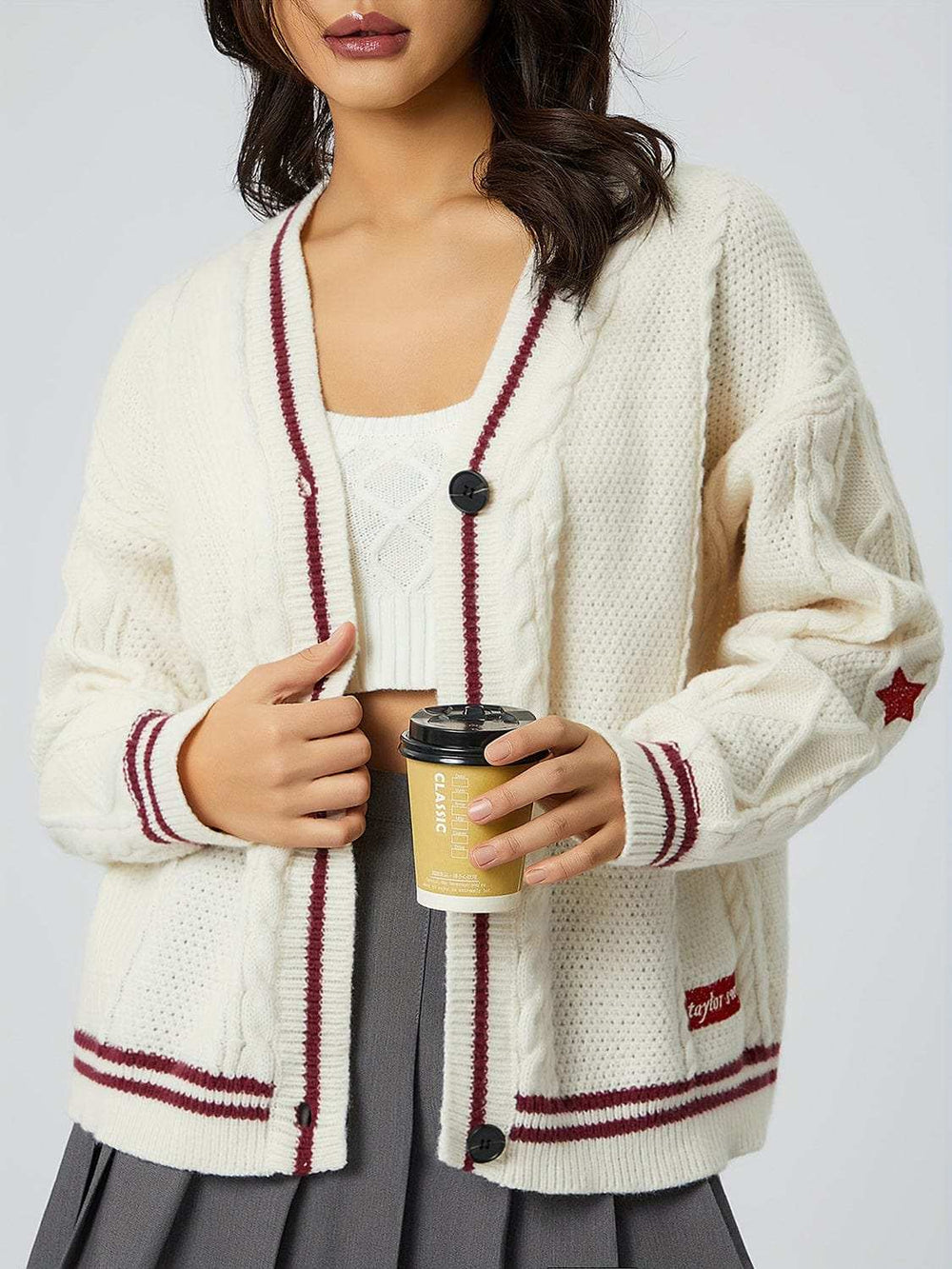 Star Embroidered V-Neck Long Sleeve Cardigan - Trendsi - Flyclothing LLC