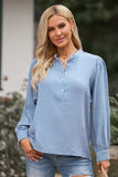 Half Button Puff Sleeve Blouse - Trendsi - Flyclothing LLC
