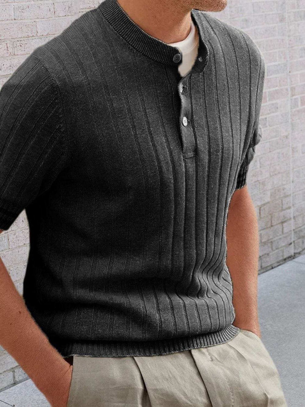 Men's Plus Size Ribbed Quarter Button Round Neck Striped Trim Polo - Trendsi - Flyclothing LLC