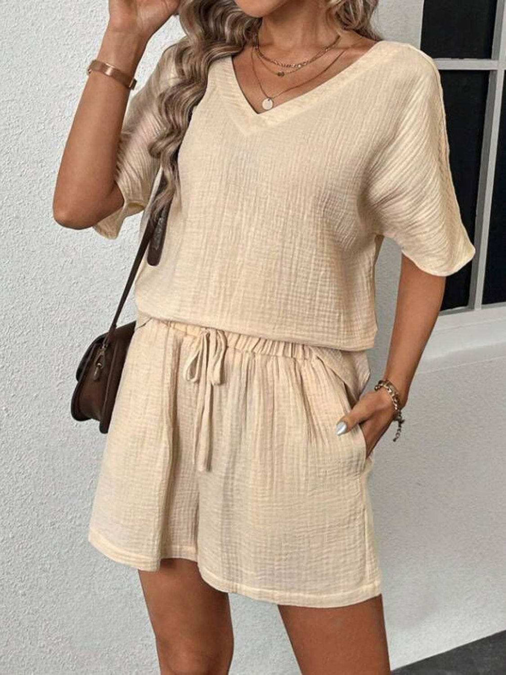 V-Neck Half Sleeve Top and Shorts Set - Trendsi - Flyclothing LLC