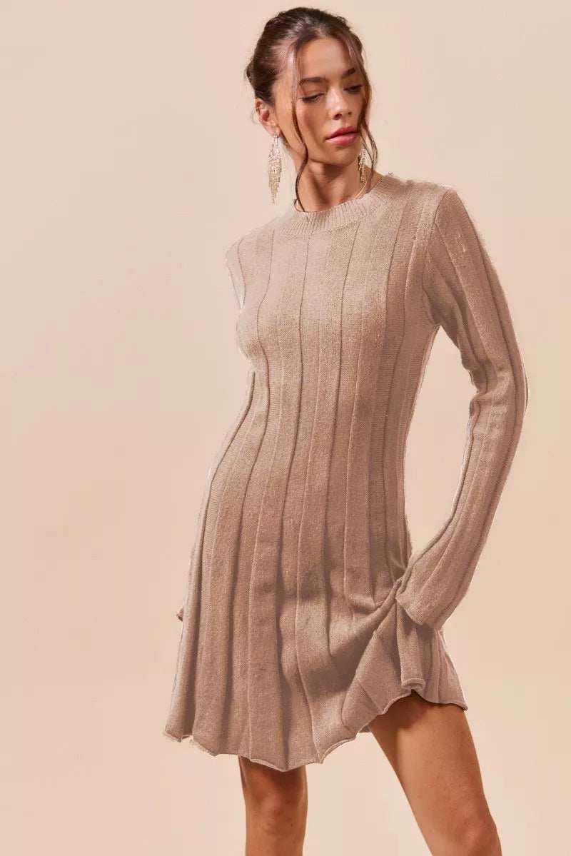 SO ME Ribbed Long Sleeve Mini Sweater Dress - Trendsi - Flyclothing LLC