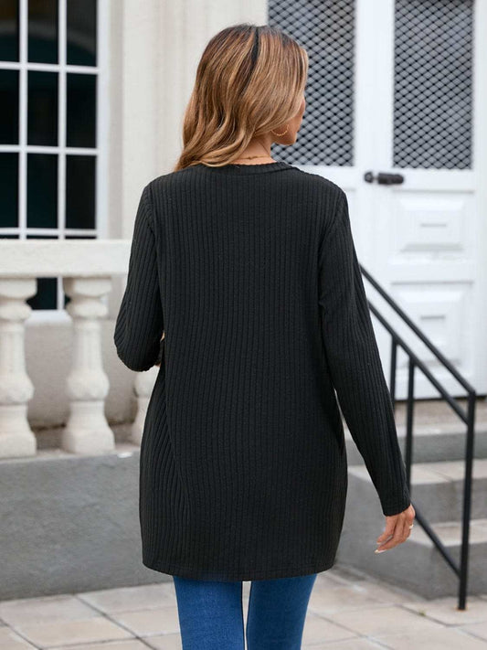 Ribbed Button Down V-Neck Long Sleeve Cardigan - Trendsi - Flyclothing LLC