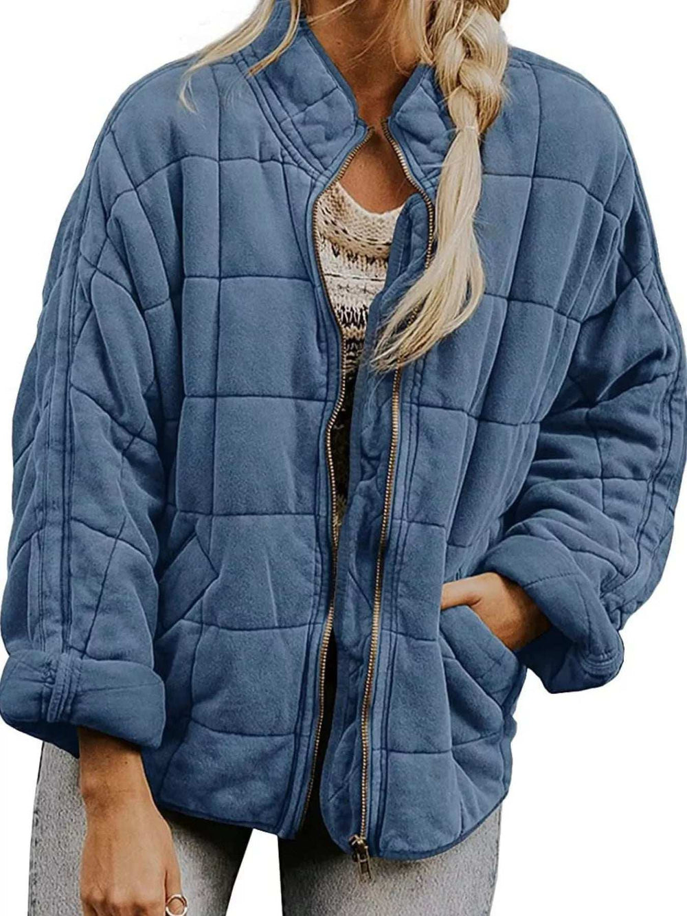 Full Size Zip Up Quilted Bomber Jacket Plus Size - Trendsi - Flyclothing LLC