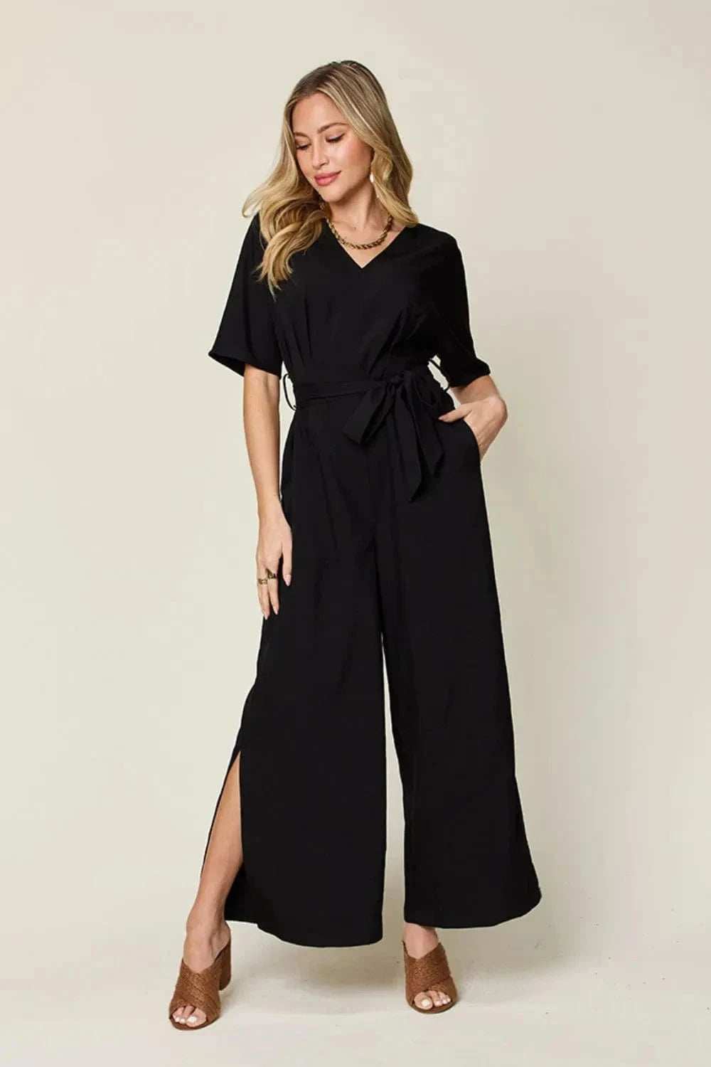 Double Take Full Size V-Neck Tied Side Slit Jumpsuit - Trendsi - Flyclothing LLC
