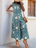 Perfee Printed Round Neck Cap Sleeve Wide Leg Jumpsuit - Trendsi - Flyclothing LLC