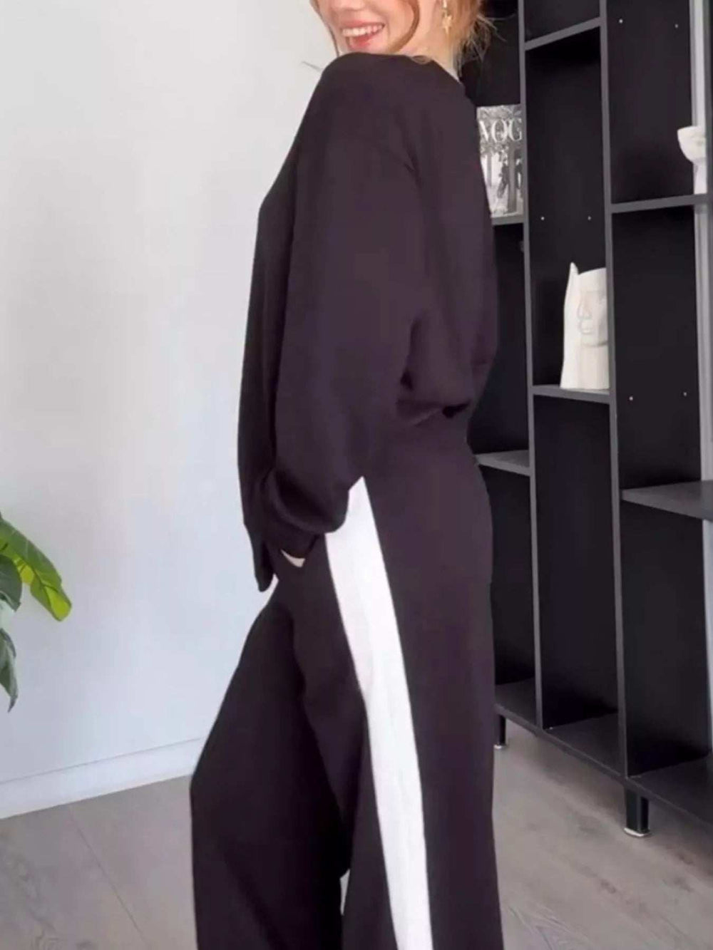 Full Size Contrast Round Neck Top and Pants Set Plus Size - Trendsi - Flyclothing LLC