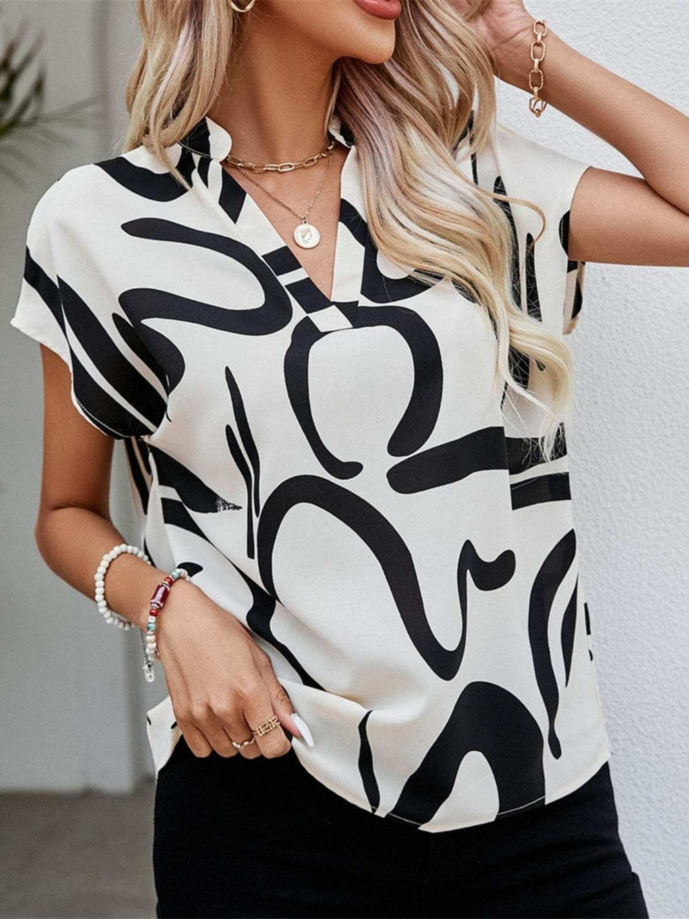 Printed Notched Short Sleeve Blouse - Trendsi - Flyclothing LLC