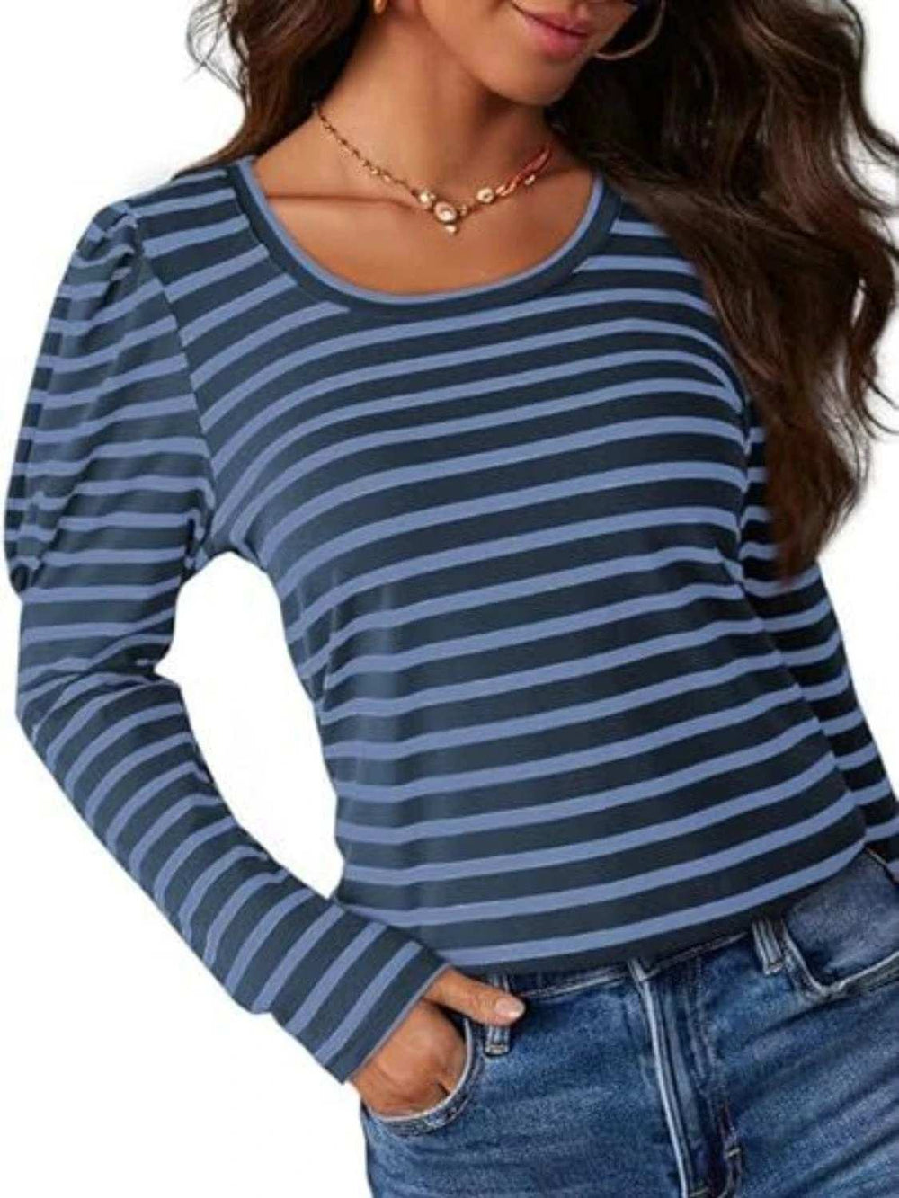 Striped Round Neck Long Sleeve T-Shirt - Trendsi - Flyclothing LLC