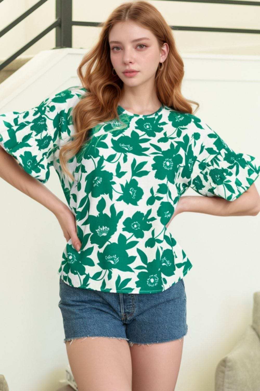 Floral Print Ruffled Short Sleeve Round Neck Loose Blouse - Trendsi - Flyclothing LLC