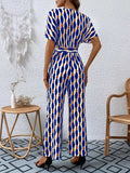 Printed Surplice Tie Waist Short Sleeve Jumpsuit - Trendsi - Flyclothing LLC