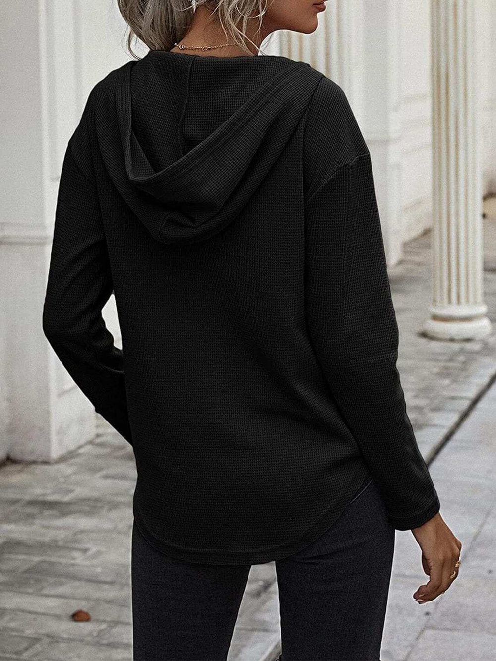 Drawstring Waffle Knit Long Sleeve Hooded Top - Trendsi - Flyclothing LLC