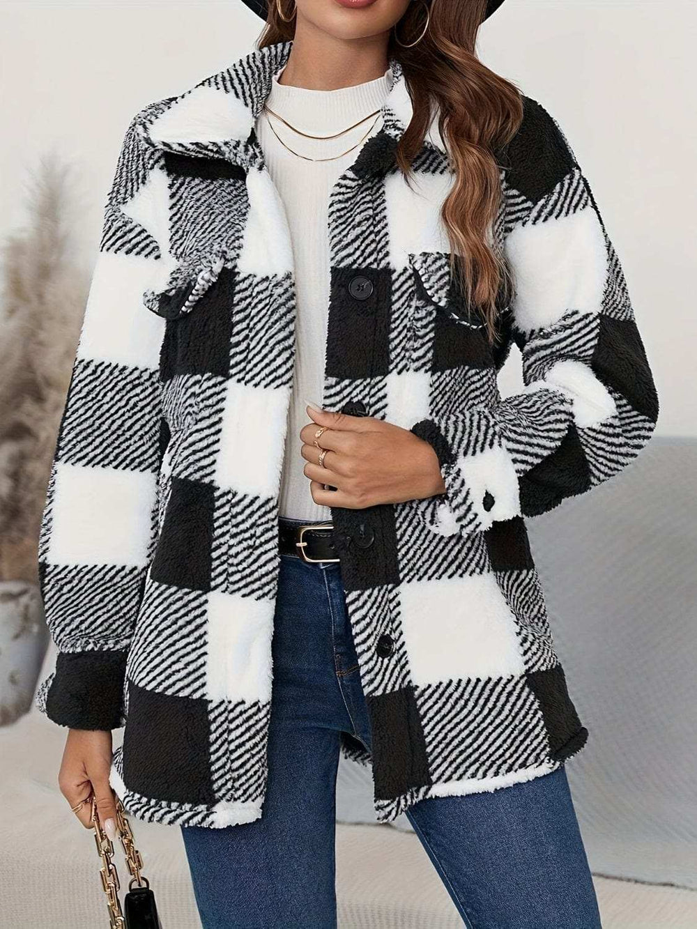 Plaid Button Up Long Sleeve Fuzzy Outerwear - Trendsi - Flyclothing LLC