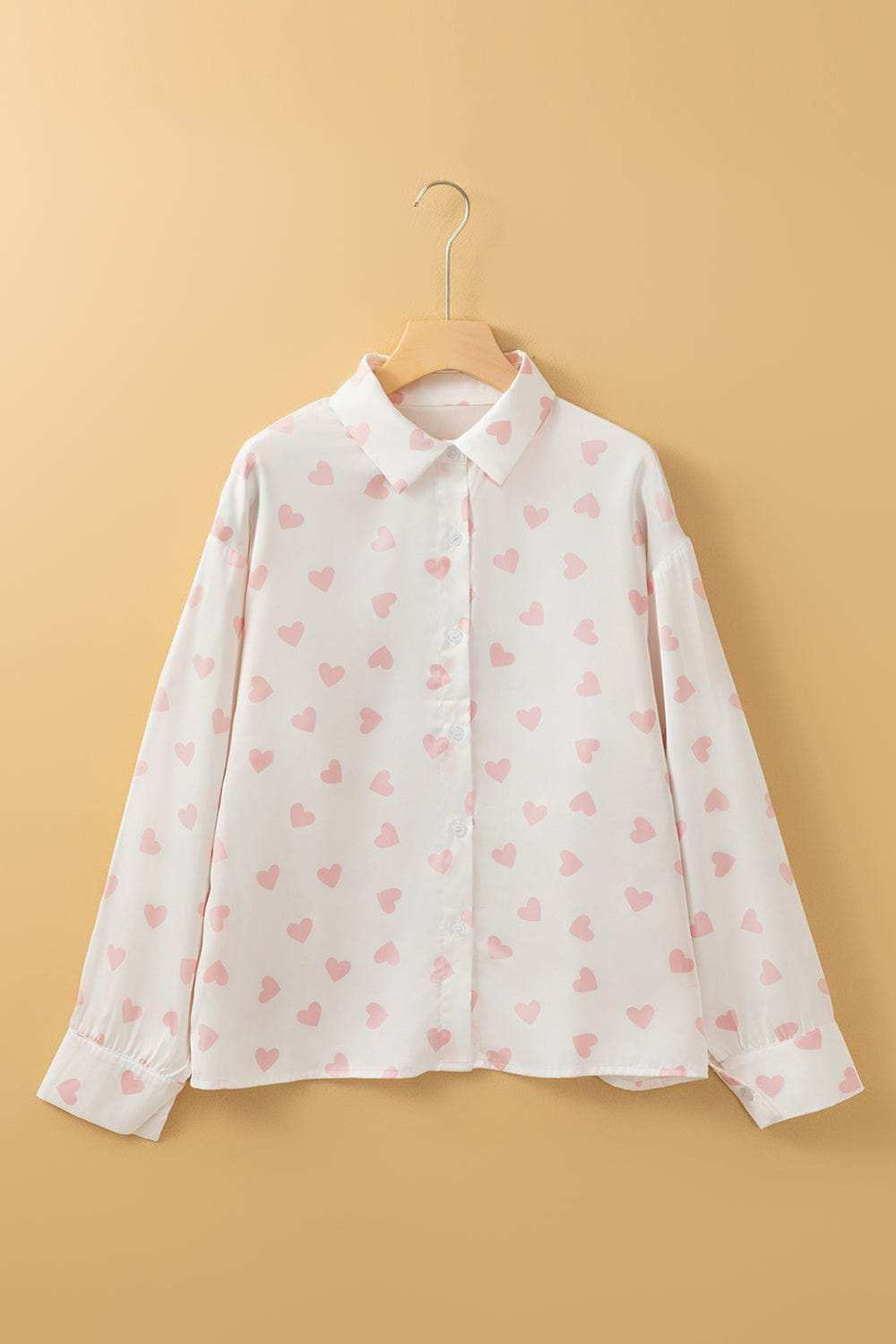 Heart Print Collared Neck Long Sleeve Shirt - Trendsi - Flyclothing LLC