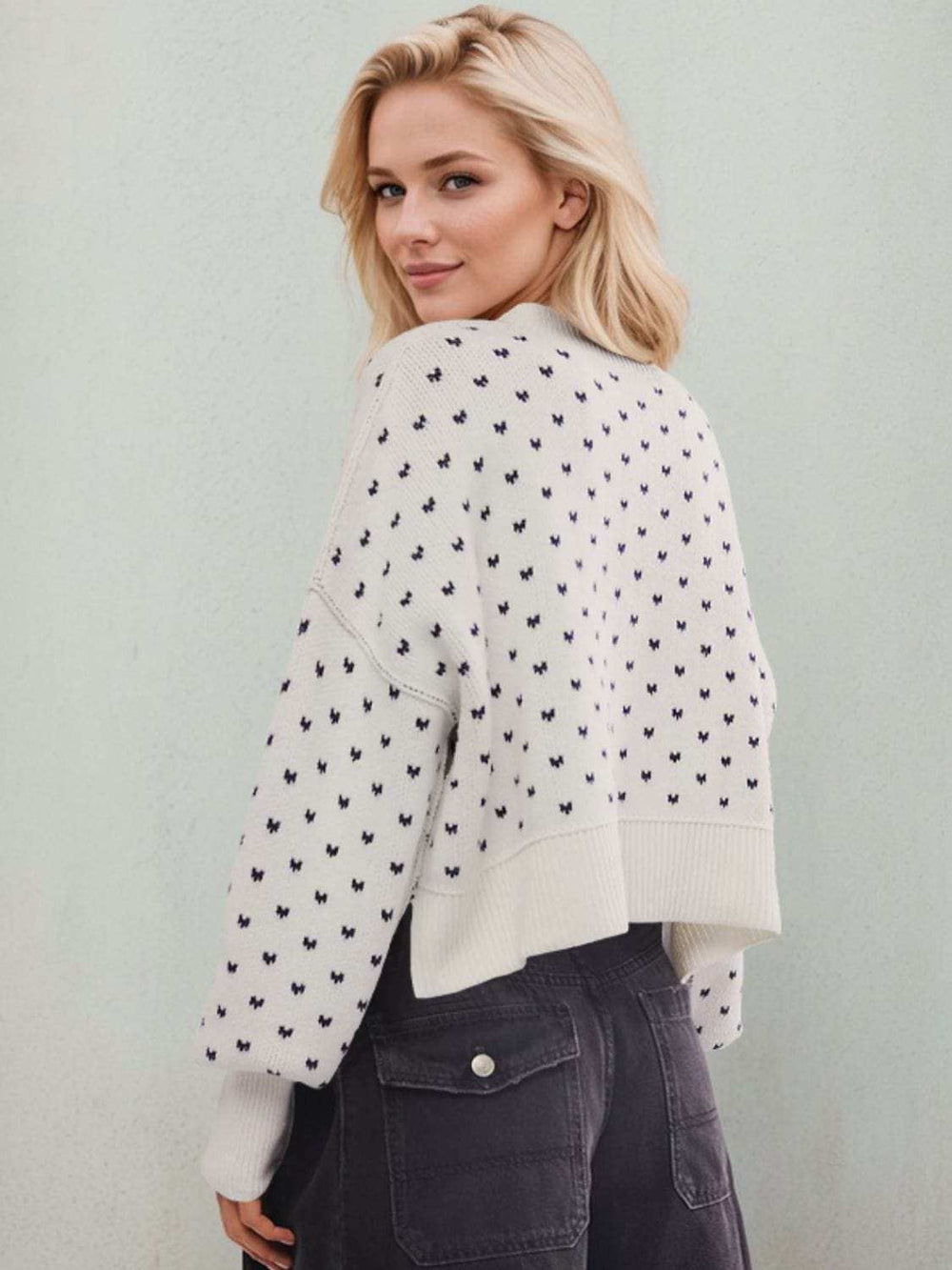 Slit Round Neck Long Sleeve Sweater - Trendsi - Flyclothing LLC