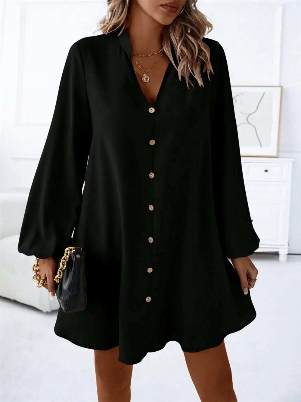 Notched Long Sleeve Mini Dress - Trendsi - Flyclothing LLC