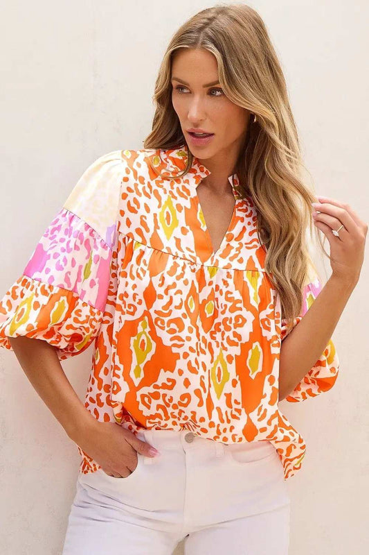 Printed Notched Half Sleeve Blouse - Trendsi - Flyclothing LLC