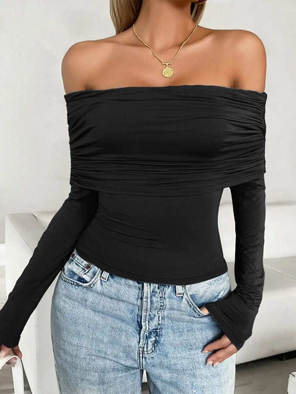 Ruched Off-Shoulder Long Sleeve T-Shirt - Trendsi - Flyclothing LLC