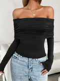 Ruched Off-Shoulder Long Sleeve T-Shirt - Trendsi - Flyclothing LLC