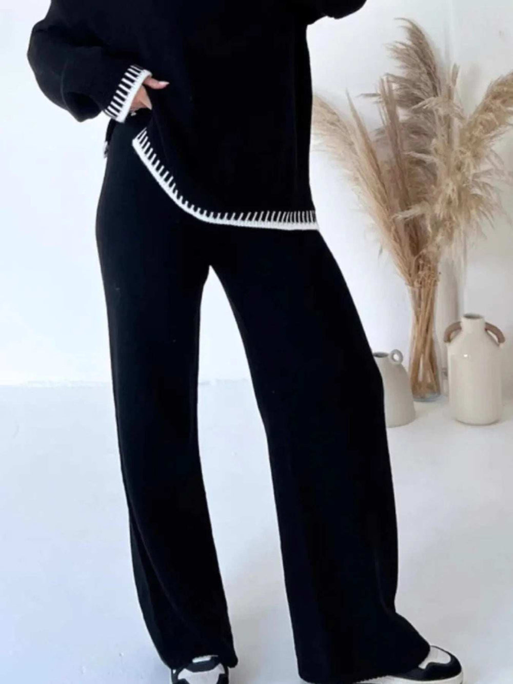 Contrast Trim Round Neck Top and Pants Sweater Set - Trendsi - Flyclothing LLC