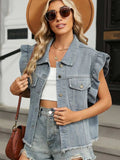 Raw Hem Cap Sleeve Denim Jacket - Trendsi - Flyclothing LLC