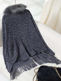 Fringe Leopard Open Front Long Sleeve Poncho - Trendsi - Flyclothing LLC