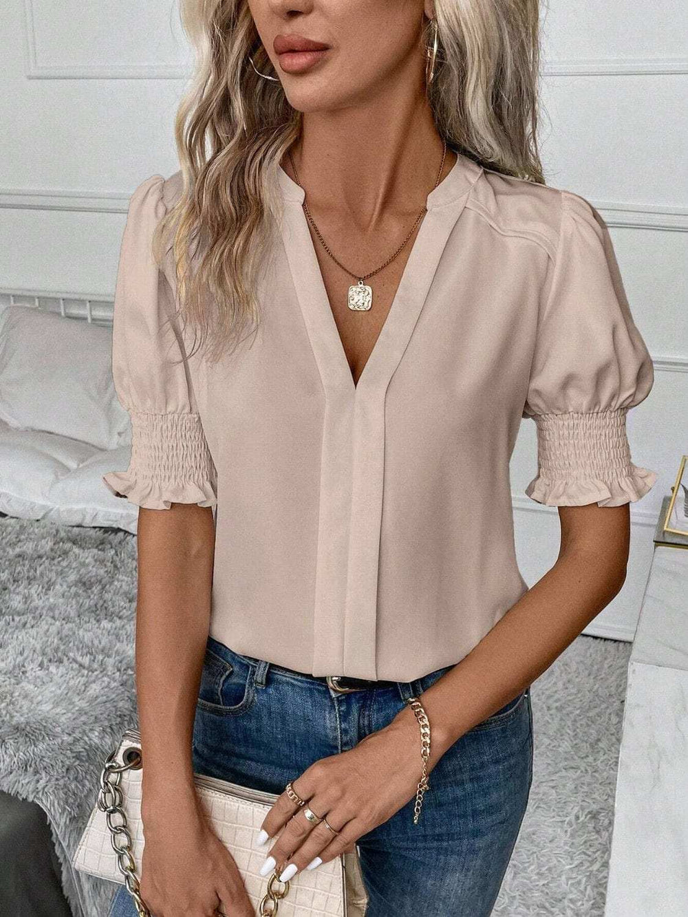 Notched Short Sleeve Blouse - Trendsi - Flyclothing LLC