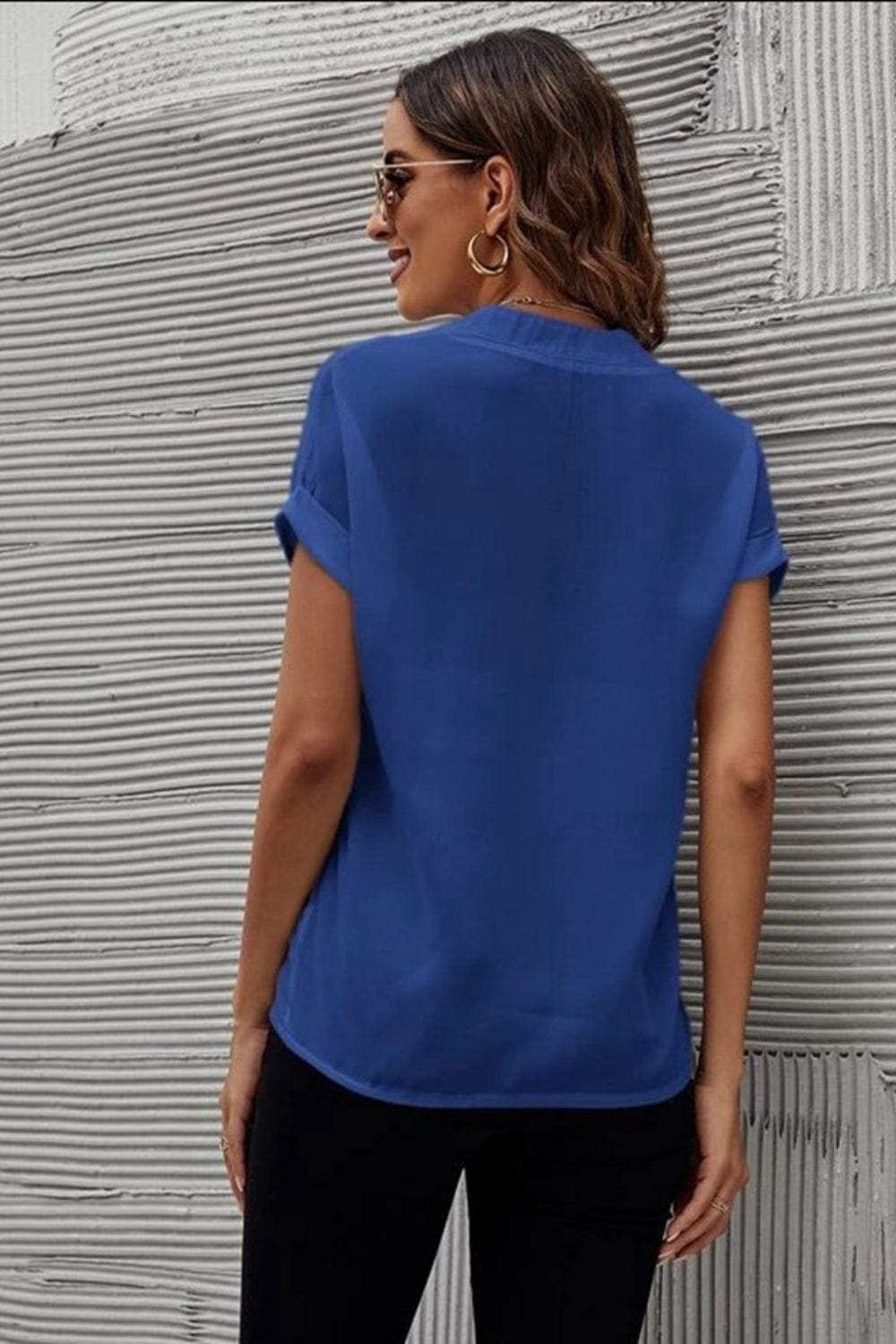 Full Size Notched Short Sleeve Blouse - Trendsi - Flyclothing LLC