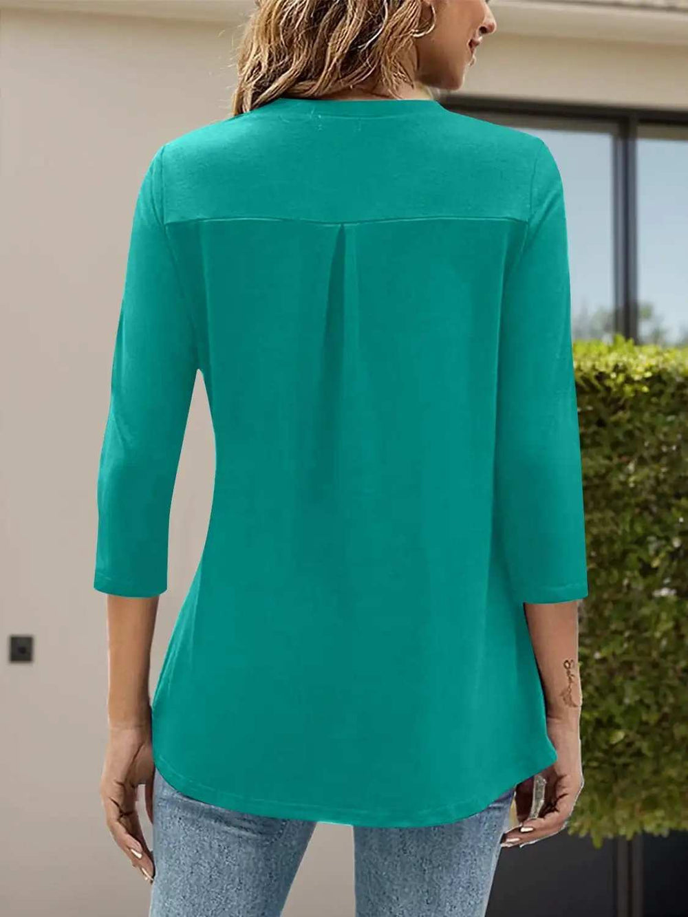 Notched Three-Quarter Sleeve T-Shirt - Trendsi - Flyclothing LLC