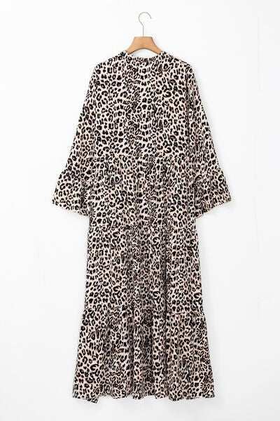 Leopard Notched Long Sleeve Maxi Dress - Trendsi - Flyclothing LLC