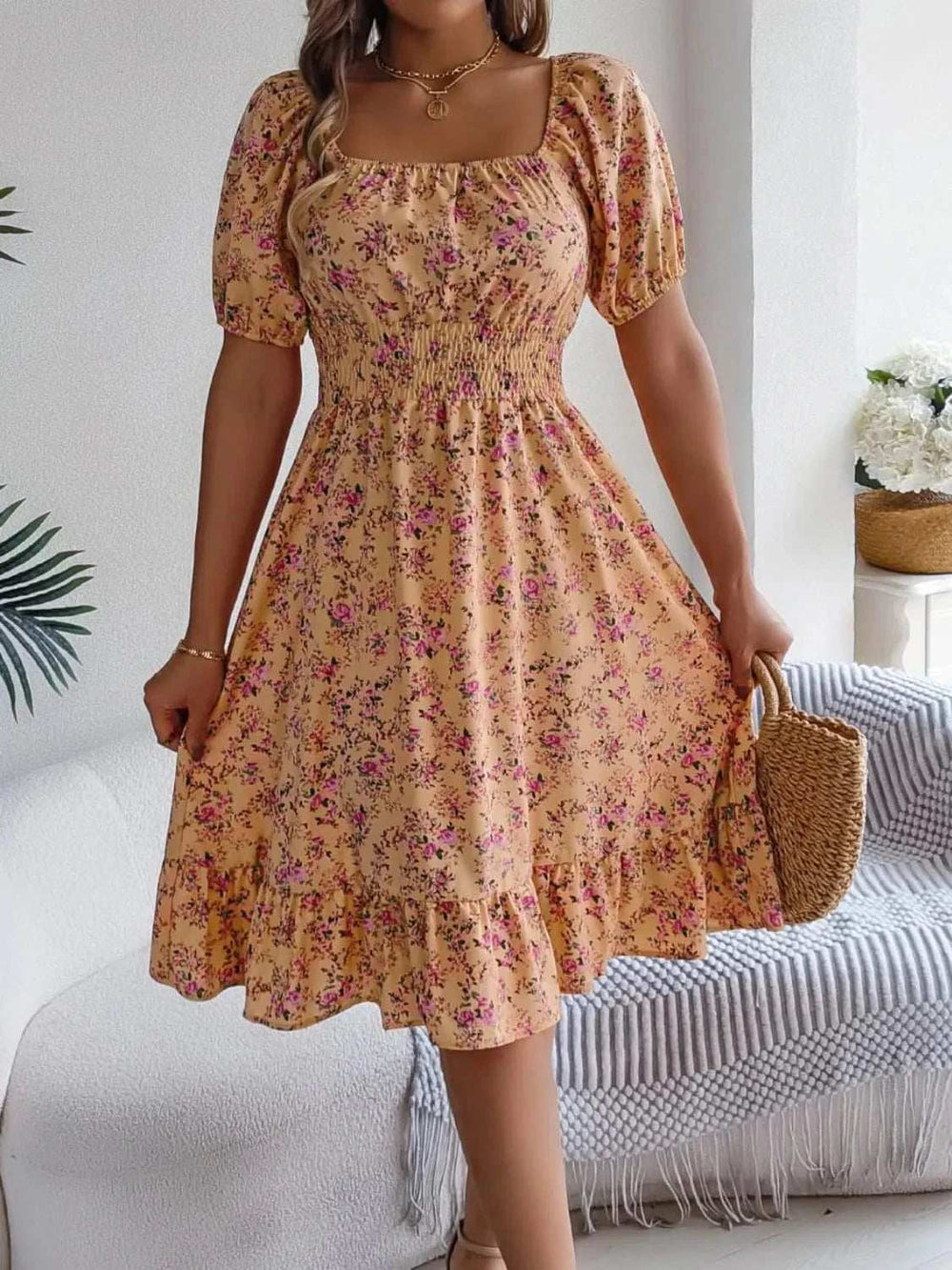 Ruffled Hem Floral Puff Sleeve Dress - Trendsi - Flyclothing LLC