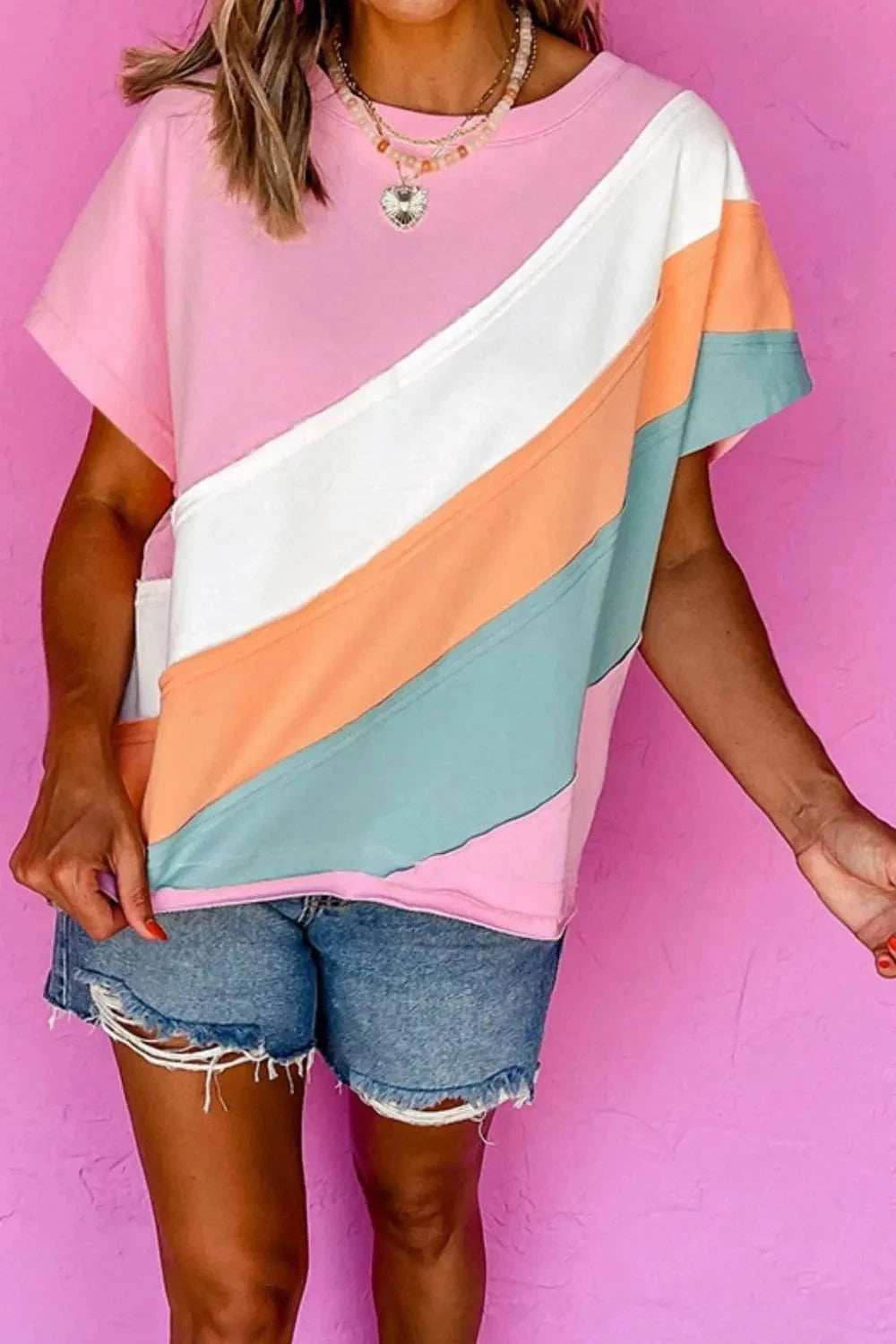 Color Block Round Neck Short Sleeve T Shirt - Trendsi - Flyclothing LLC