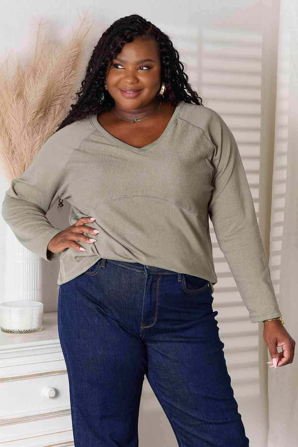 Culture Code Full Size V-Neck Long Sleeve T-Shirt - Trendsi - Flyclothing LLC