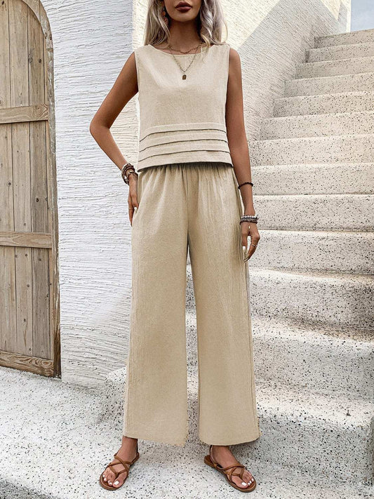 Round Neck Sleeveless Top and Wide Leg Pants Set - Trendsi - Flyclothing LLC