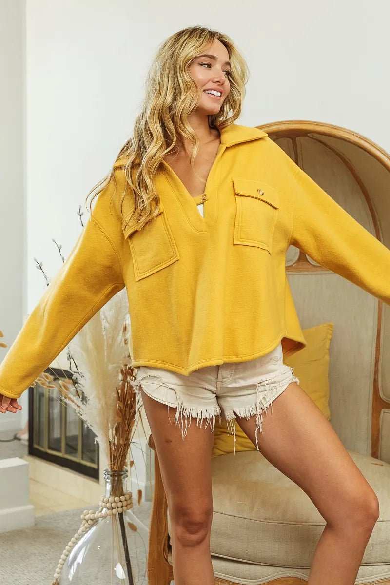 BiBi Flap Pockets Fleece Collared Sweatshirt - Trendsi - Flyclothing LLC