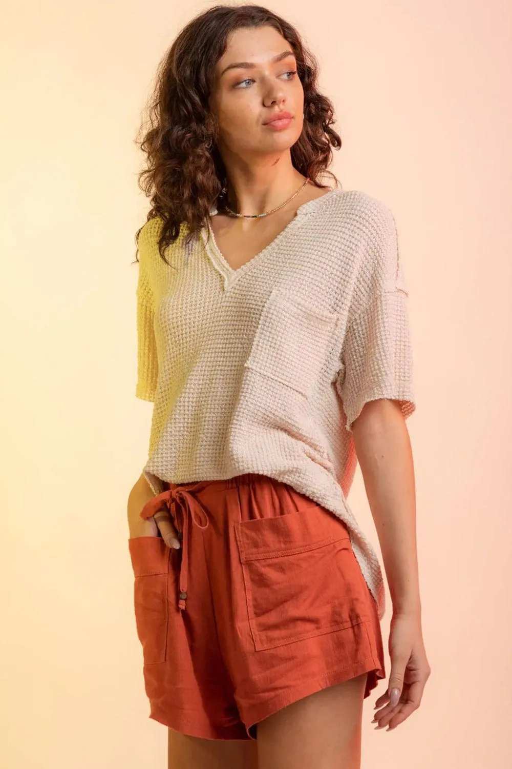 Waffle-Knit Notched Half Sleeve T-Shirt - Trendsi - Flyclothing LLC