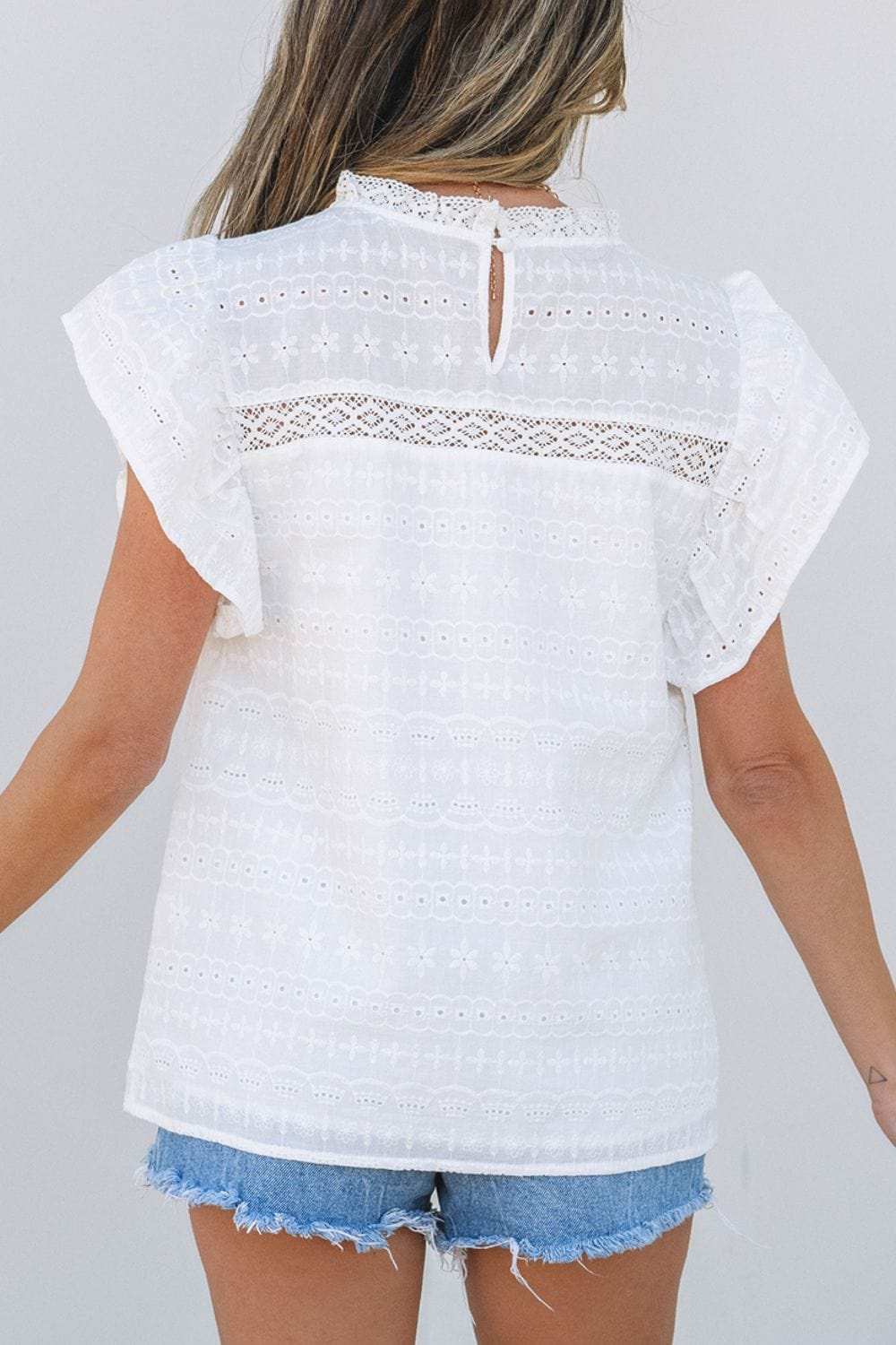 Lace Round Neck Flutter Sleeve Eyelet Blouse - Trendsi - Flyclothing LLC