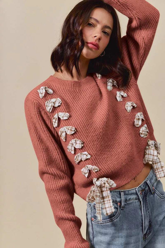 SO ME Checkered Plaid Tape Lace Up Ribbed Sweater - Trendsi - Flyclothing LLC